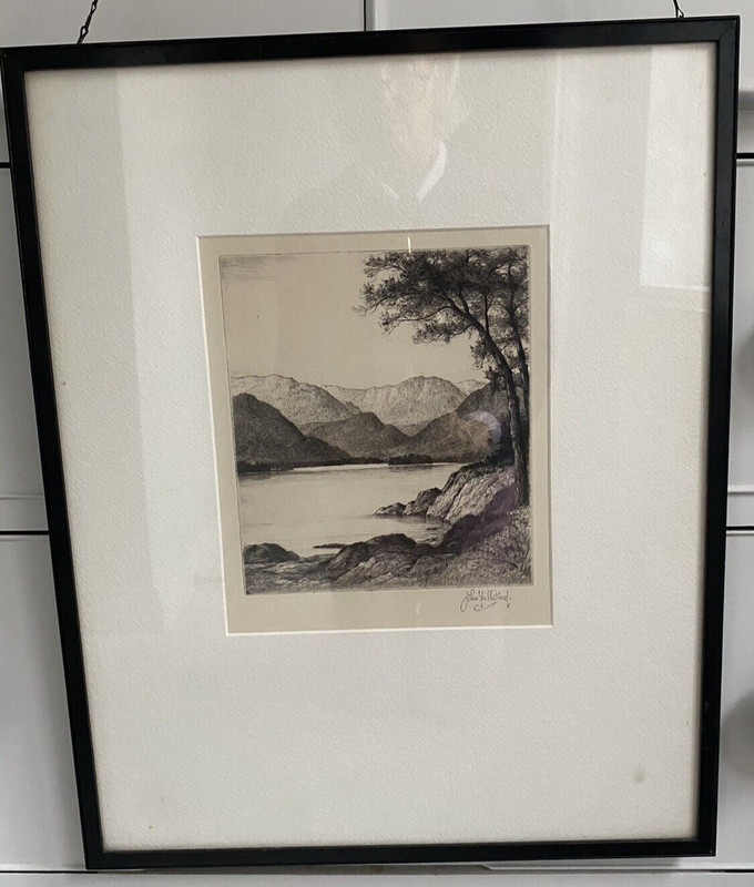 Antique original framed ltd ed. etching Derwentwater John Fullwood RBA 1854-1931