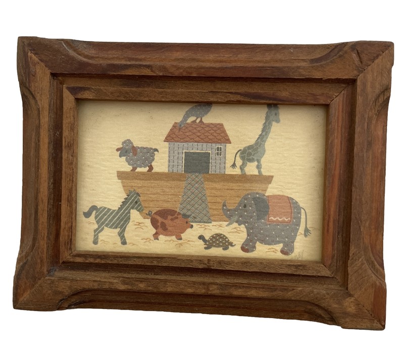 Wood Framed Print Small Folk Art Noah’s Ark 4.5”x 3.5” Nursery Child Decor