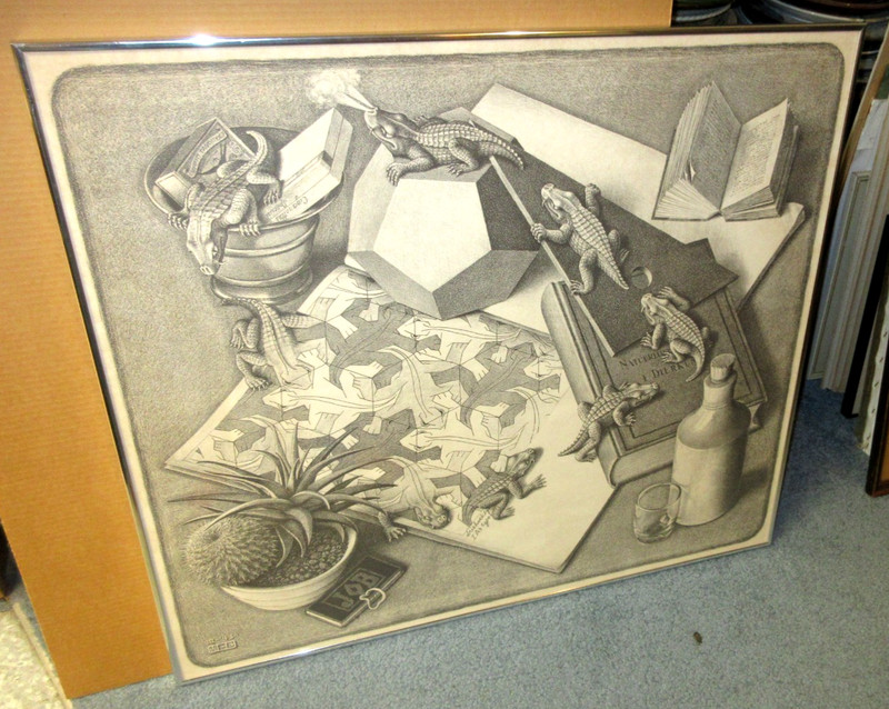 M C ESCHER REPTILES HUGE 28"x 32" LITHOGRAPH PRINT 1960s or earlier FRAMED gallery