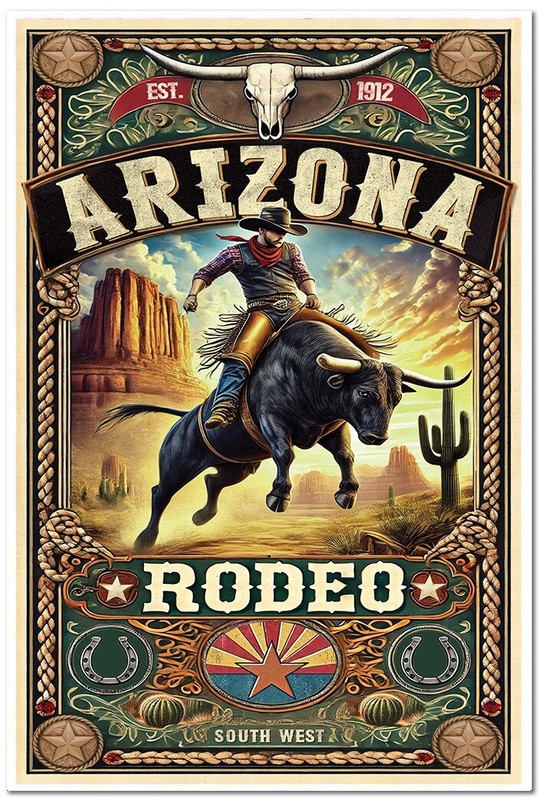 Black Market ARIZONA Southwest Rodeo Poster Art Print Lithograph Cowboy Bull USA