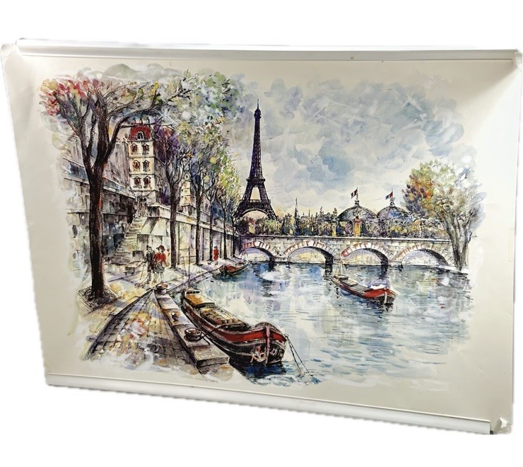 Vintage Paris River Scene Print Eiffel Tower Boats Large Wall Art Poster