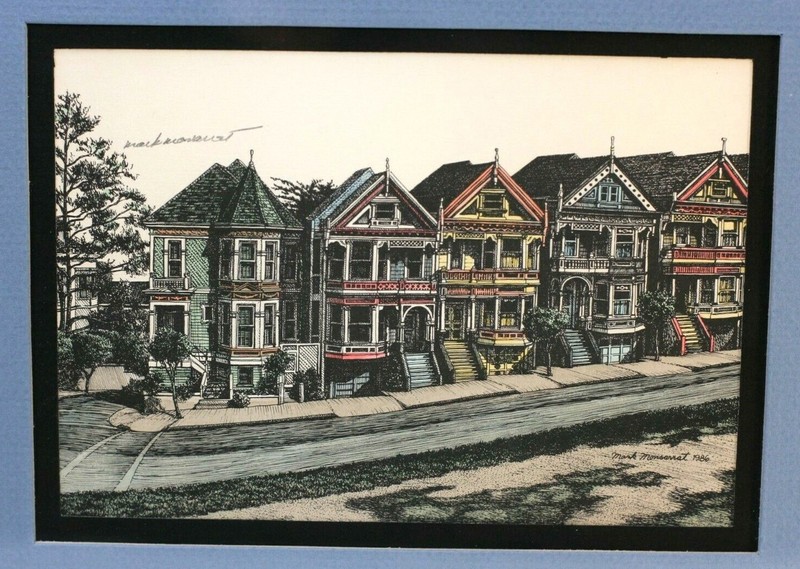 Mark Monsarrat San Francisco Houses Framed Signed Colored Lithograph Art Print
