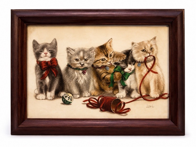 Vintage KITTENS Cats Playing Ribbon Ball Lithograph PRINT Framed 6.5×8”