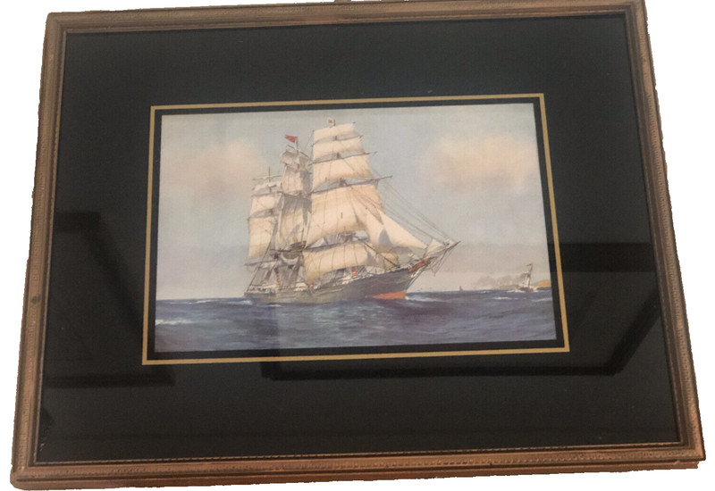 Vintage Sailing Ship Print Reverse Paint on Glass Mat in Wood Frame 12″x15″