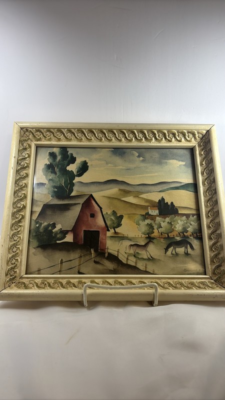 Bernard Farm Landscape Print Framed Horses Barn Country watercolor print