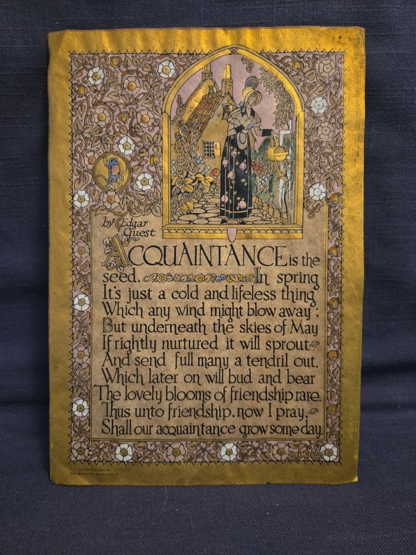 Buzza poem Edgar Guest 1922 parchment paper gold ink Acquaintance 7″x10″