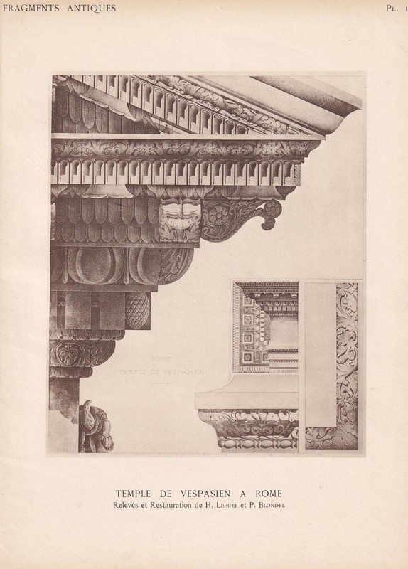 c. 1910 TEMPLE Of VESPASIAN, Rome – Roman Architecture Print – 8.6 x 12 Inches