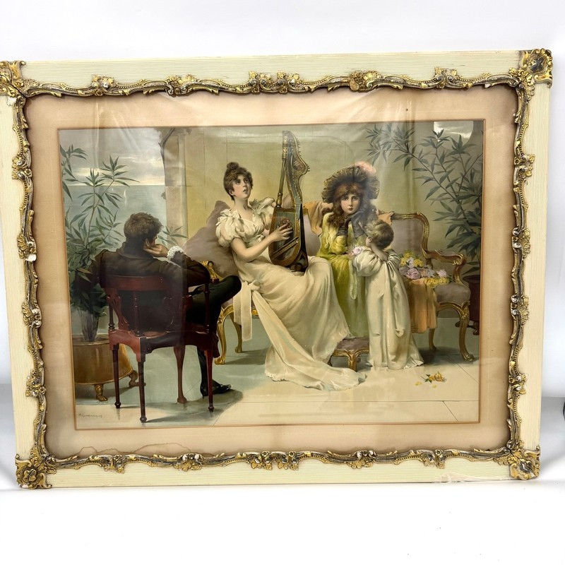 Antique 1889 Maud Goodman Victorian Harp Print Ornate Gesso Frame