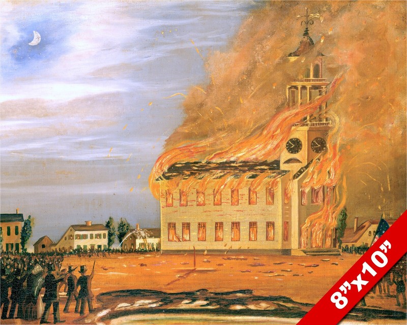 BURNING THE OLD SOUTH CHURCH IN BATH MAINE PAINTING ART REAL CANVAS PRINT