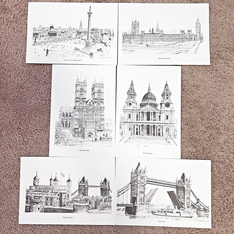 BERNARD SMITH Vintage 1970 Art Prints London Landmarks Set of 6 Ink 12×8″