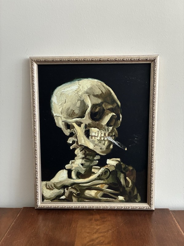 Van Gogh Head of Skeleton Smoking Silver Framed Print 12×15 Skull Wall Art