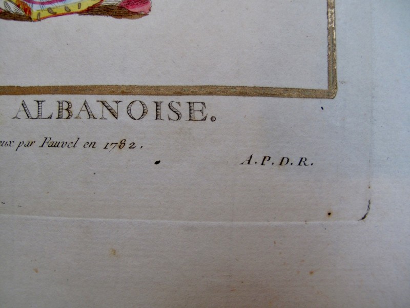 1787 PIERRE DUFLOS HAND-ILLUMINATED ENGRAVING w GOLD FEMME ALBANOISE FAUVEL 1782 gallery