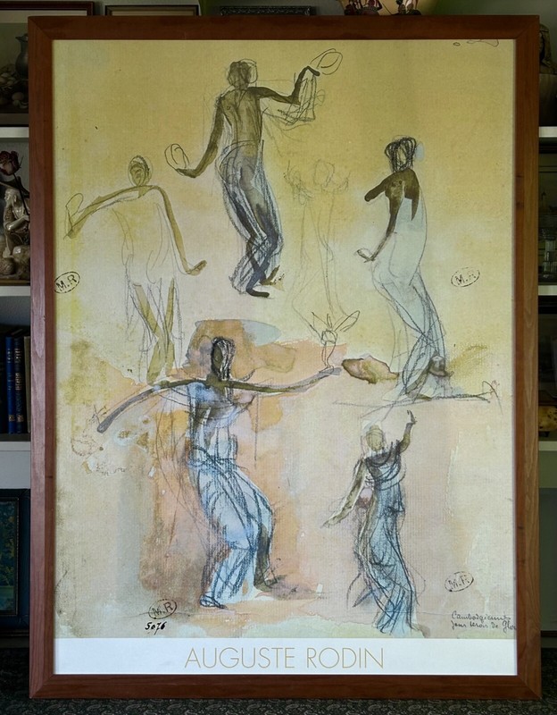 Vintage Auguste Rodin Lithograph Print 47x 35 inch Framed • Cambodian Dancers