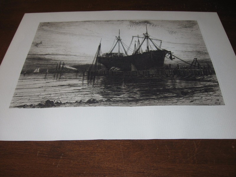 1889 Original ETCHING Art by FARRER - SUNSET at GOWANUS BAY New York Harbor SHIP