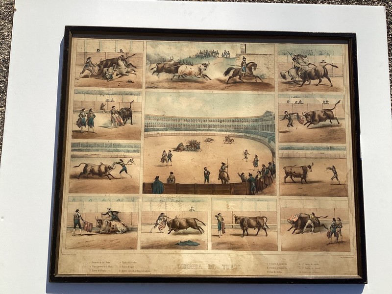 Rare 1840 Hand Colored Lithograph «Corrida De Toros» 12 Bull Fighting Scenes
