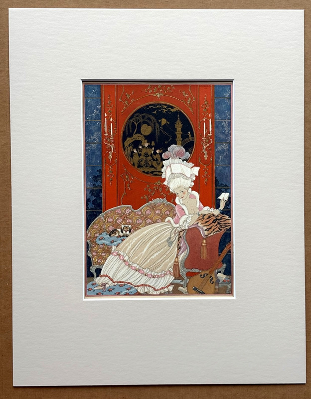 Original George Barbier 1928 Hand-Colored Pochoir Print: «Lettre» in 11×14 Mat