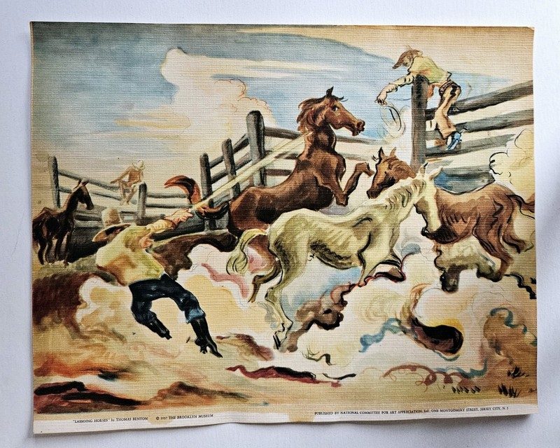 Vintage Old Cowboy “Lassoing Horses» Western Art Print, Thomas Benton Dated 1937