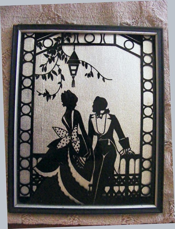 VTG Silhouette Couple Courting 1920s 10 5/8" x 8 5/8" Framed Art Under Glass