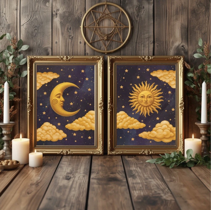 Celestial Prints Set Y2K Style Sun & Moon Wall Art Boho Decor Witchy Gift Idea