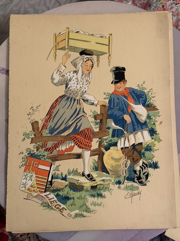 Antique Painted Lithograph Print LIEGE COSTUME Belgium – E Maudy Renaudin c1920