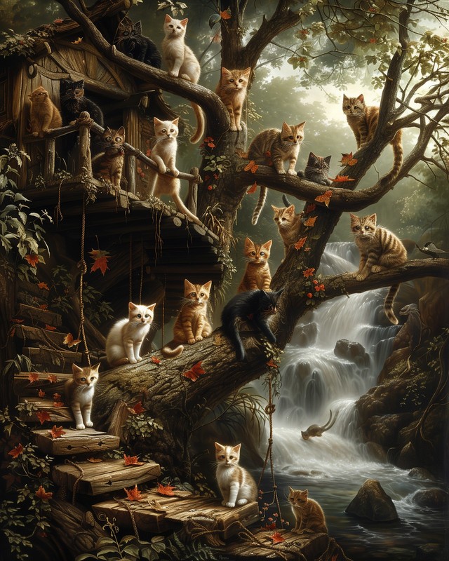 8x10 Art Print Cats Forest Painting Setting - 31396691