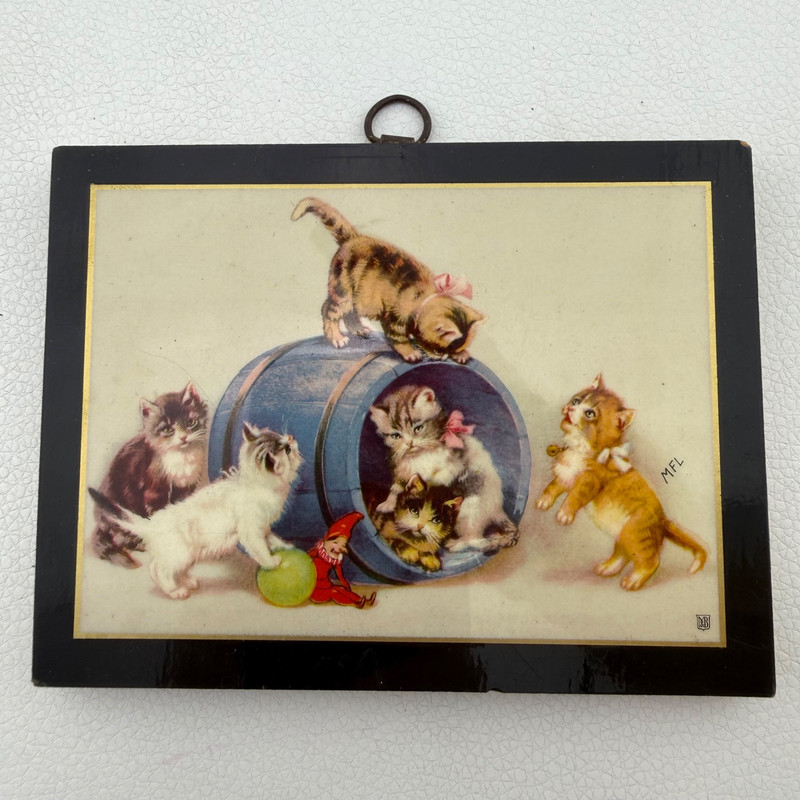 Vintage Cats Kittens Print Meissner & Buch Wood Mounted Wall Decor 5×3.5″