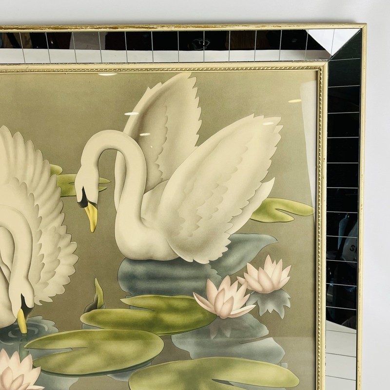 MCM Turner White Swans Print 'Pink Lilies' Orig Mirrored Frame Hollywood Regency gallery