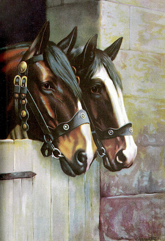 2 Horse in Stable by R A Fox