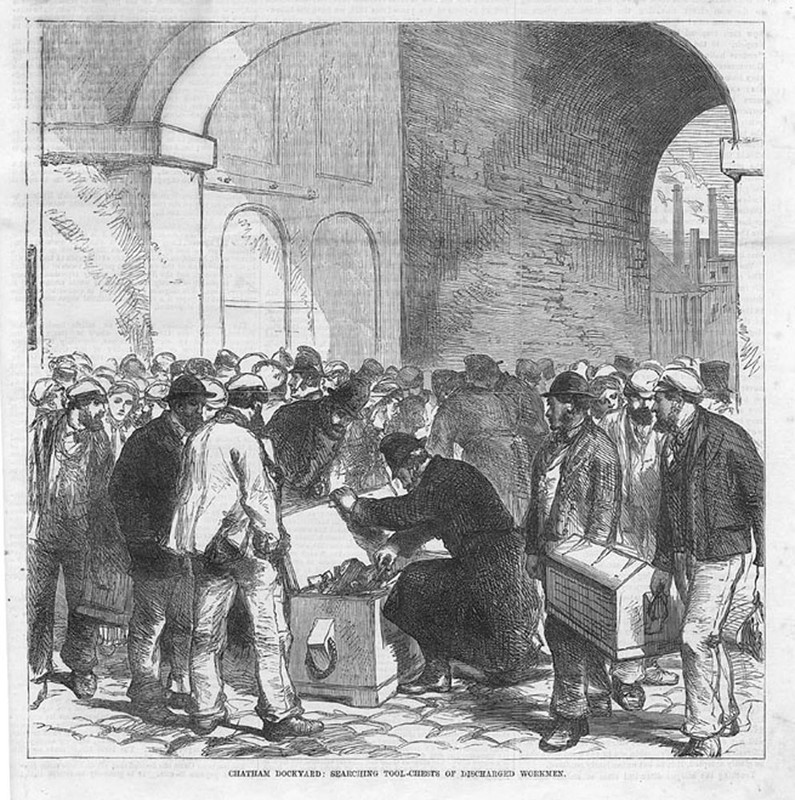 CHATHAM DOCKYARD Searching Tool-chests of Discharged Workmen Antique Print 1870