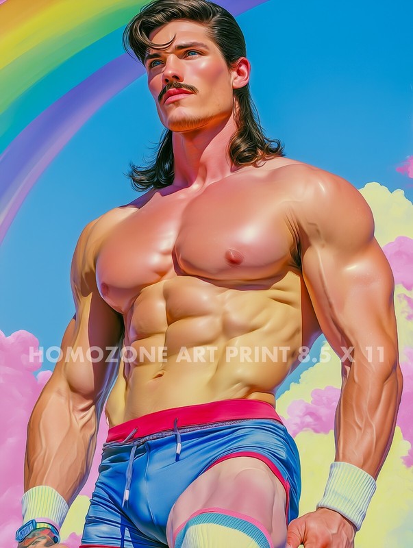 Gay Muscle Art Print Shirtless Man Rainbow Sky Retro Pride Poster 8.5x11 gallery