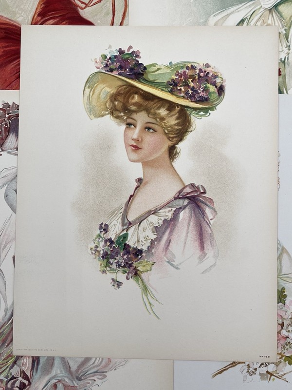 6 Antique Art Nouveau Lady Portrait Lithographs c.1905 Edwardian Fashion gallery