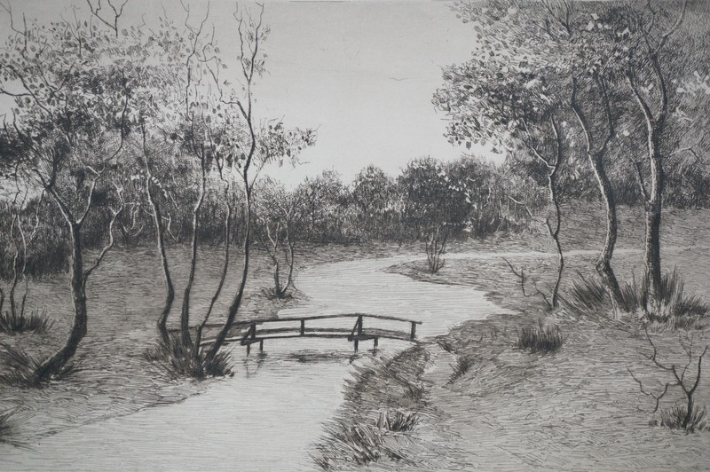 Antique B&W Country Farmhouse Bridge Over Water River Landscape Etching 32" gallery