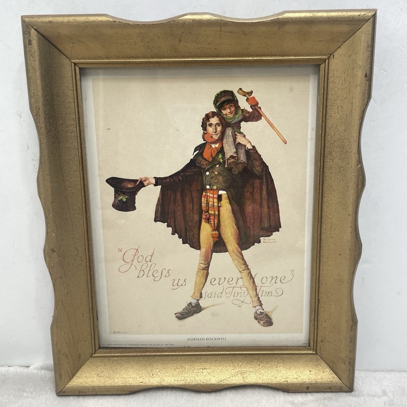Vtg Norman Rockwell Christmas Carol Framed Tiny Tim God Bless Us Everyone 1972