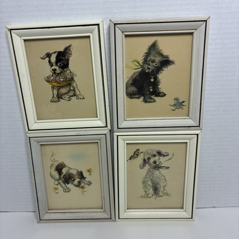 Vintage 50s-60s Donald Art Co. Framed Charming Dogs Illustrations -Lot Of 4