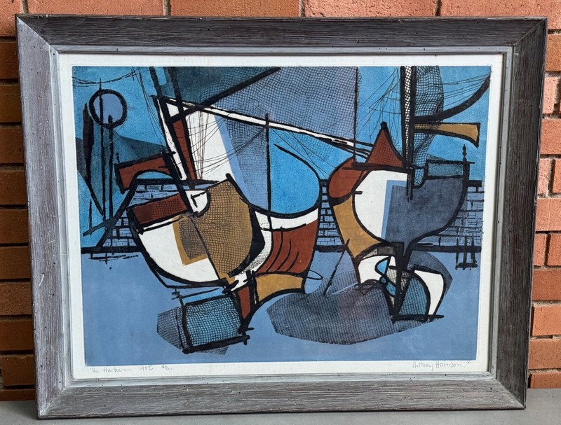 Vintage Abstract MCM 50s Harbor Screen Print Mid Century Modern Art Harrison