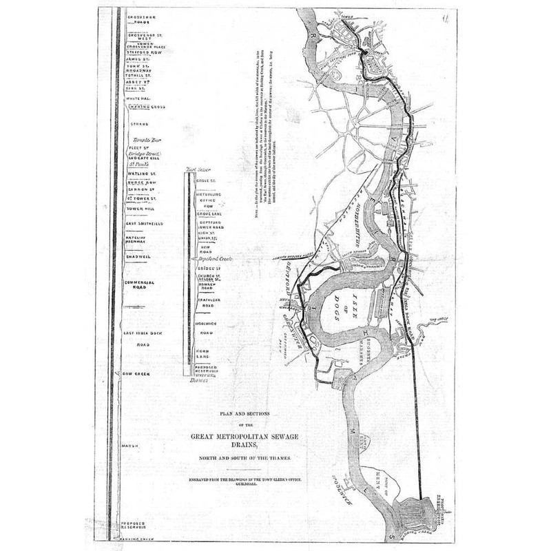 LONDON Plan of the Metropolitan Sewage System - Antique Print 1846