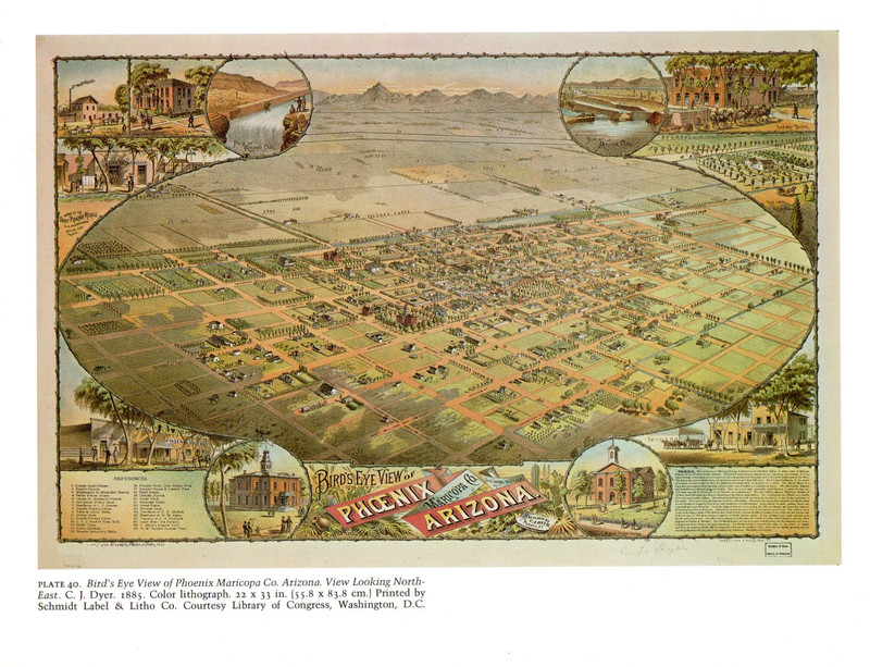 CITY 1976 Vintage Birds Eye View Phoenix, Maricopa (1885)" Color Art Lithograph