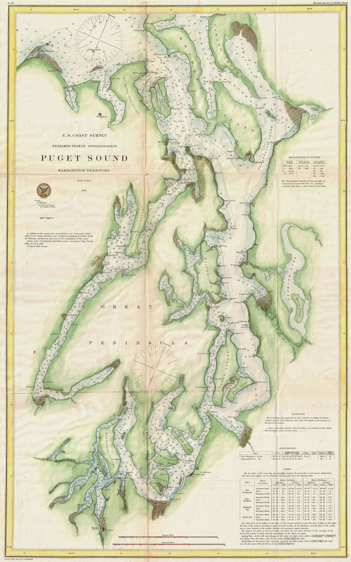 1867 Nautical Chart Coast Coastal Survey Map Puget Sound Washington Wall Poster