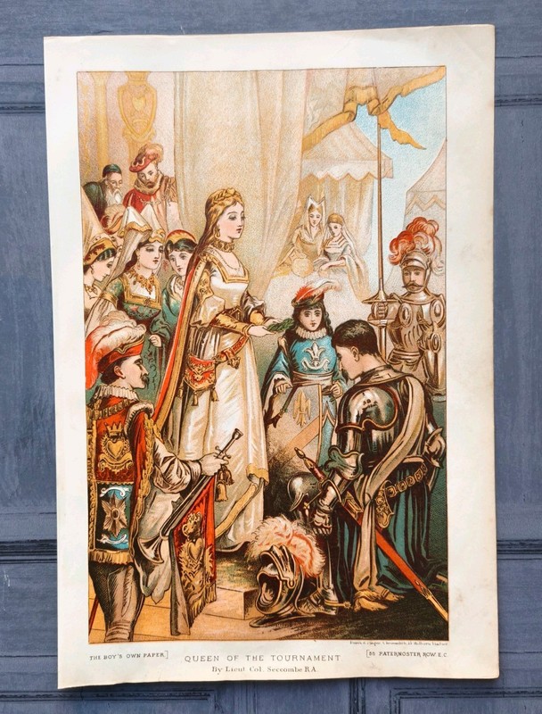 Antique 1883 Medieval Queen Knight Jousting Tournament Book Art Print Picture gallery