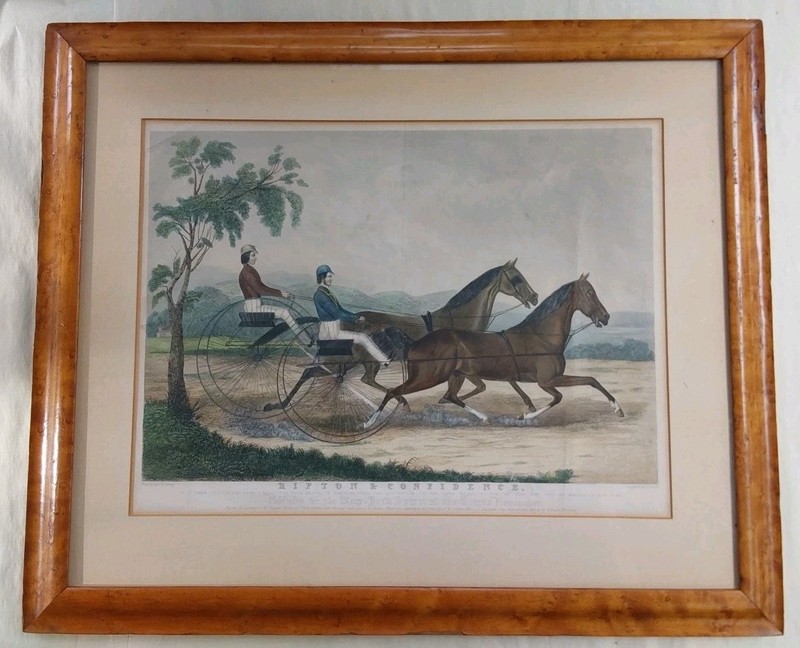 AL Dick Engraved & Hand Colored Lithograph Original 1842 Of Two Trotting Horses