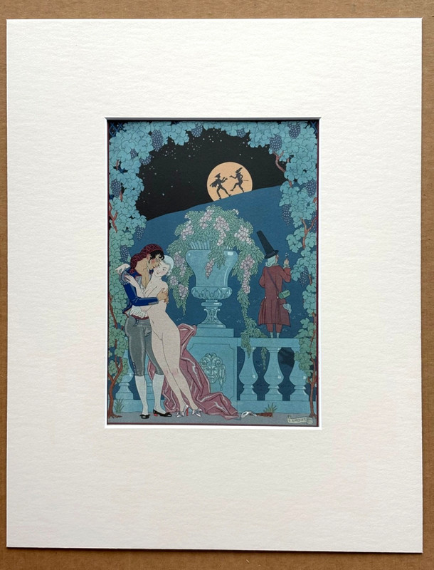 Original George Barbier 1928 Hand-Colored Pochoir Print «Fantoches» in 11×14 Mat