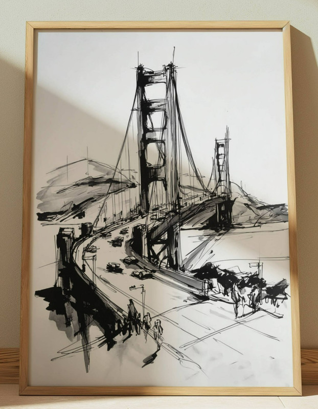 GOLDEN GATE BRIDGE SAN FRANCISCO INK DRAWING PRINT SKETCH 8″ x 10″ CALIFORNIA