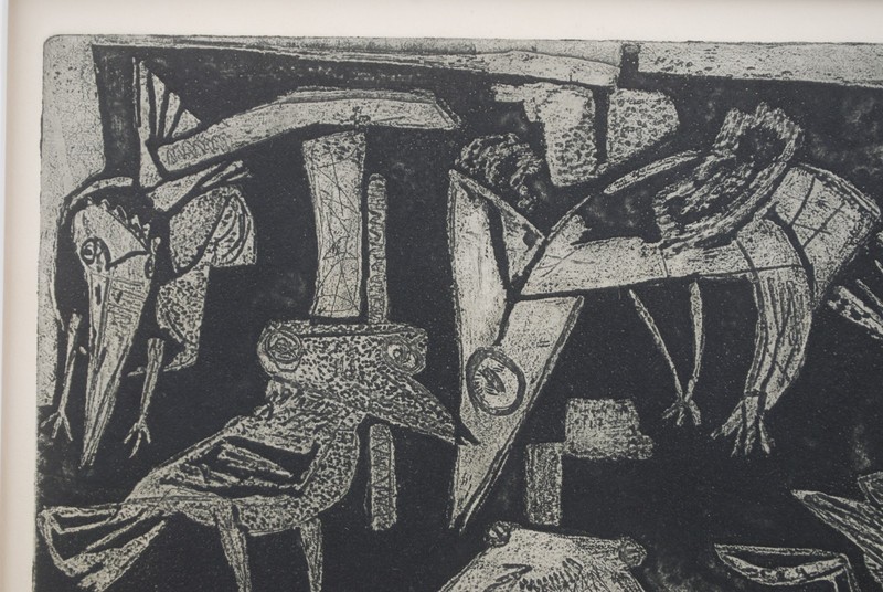 "Birds" MCM Linocut Print 1950s 9.5"x8" mat 14"x16" gallery