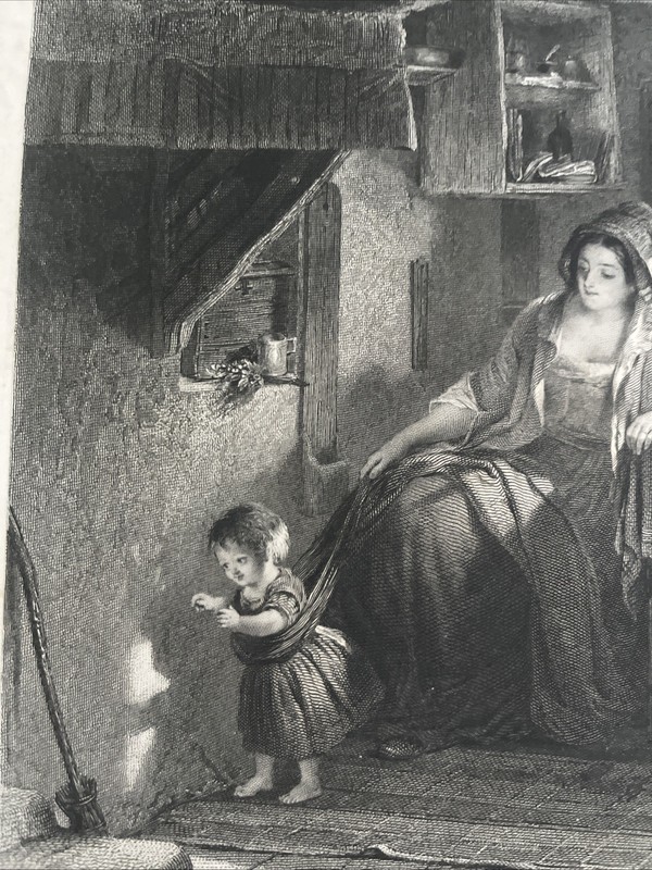  ANTIQUE ORIGINAL B/W ENGRAVING-FAMILY LIFE- THE FIRST SUNBEAM -1870 CA gallery