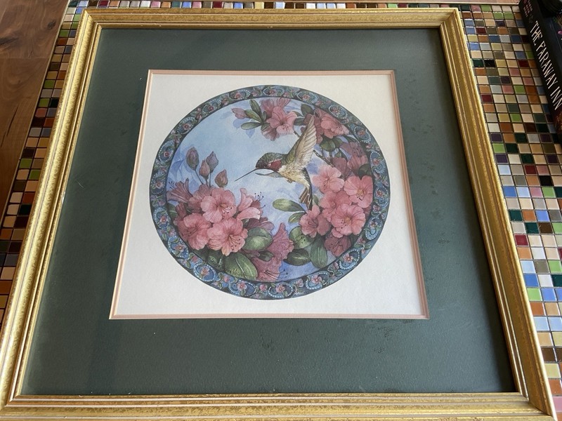 Vintage Carolyn Shores Wright Hummingbird Flowers Print Matted Framed 16″ X 16