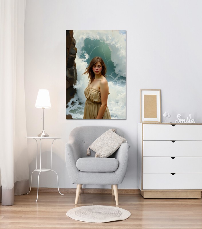 Lady and waves John William Waterhouse inspired mounted canvas print gallery
