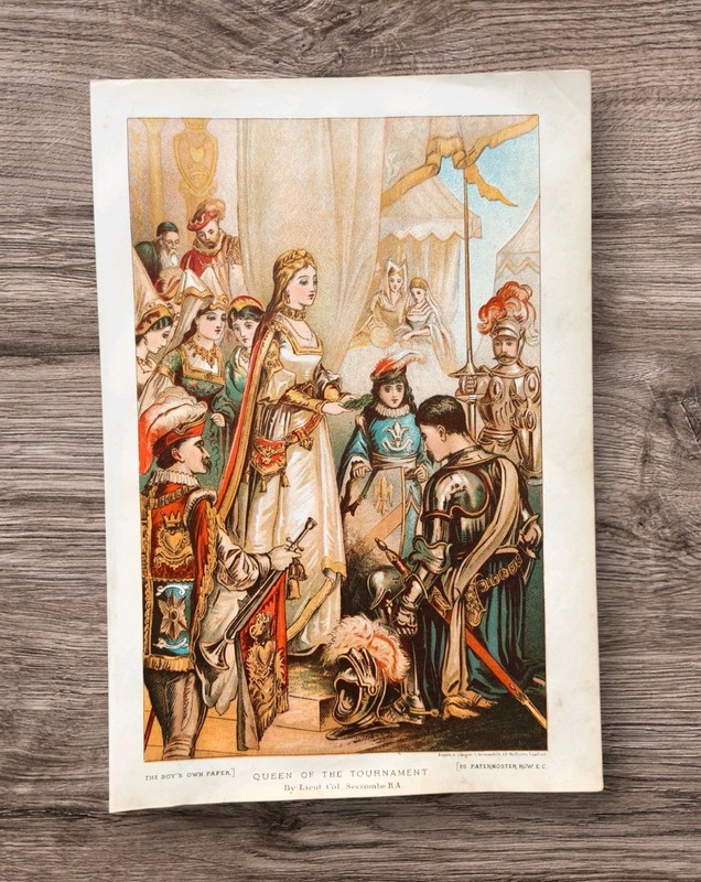 Antique 1883 Medieval Queen Knight Jousting Tournament Book Art Print Picture