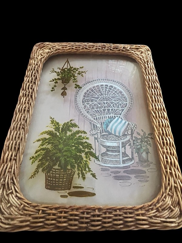 Vtg Boho Peacock Wicker Chair Picture Reverse Painted Glass Fern 13" x 10" gallery