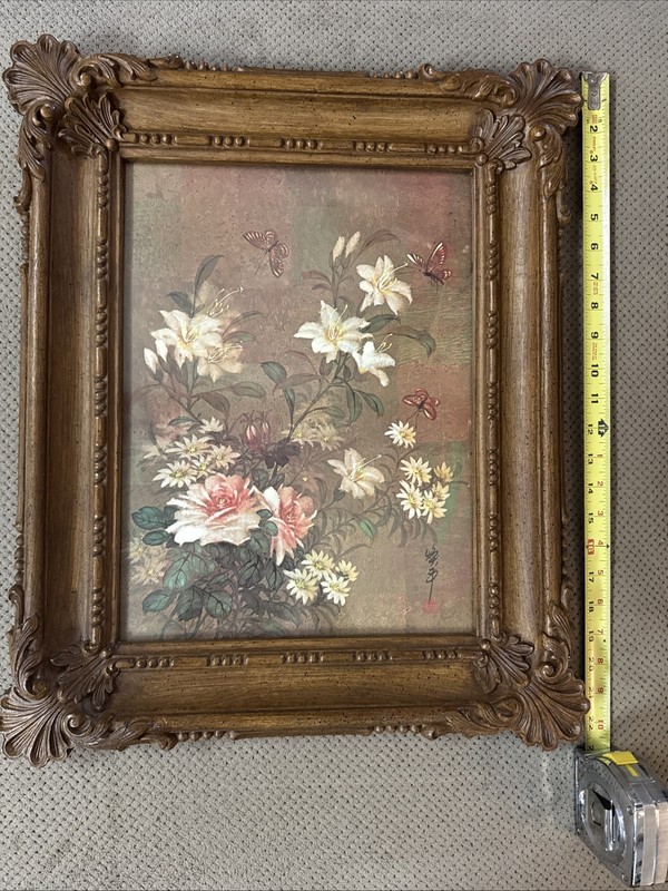 VTG 1978 Ornate Faux Wood Frame Floral & Butterflies Singed Print Burwood Style