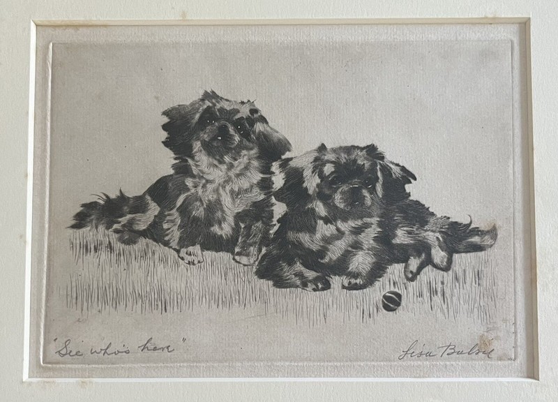 Lisa Balsie Etching Print See Who’s Here Signed Framed Pekinese Dogs Vintage